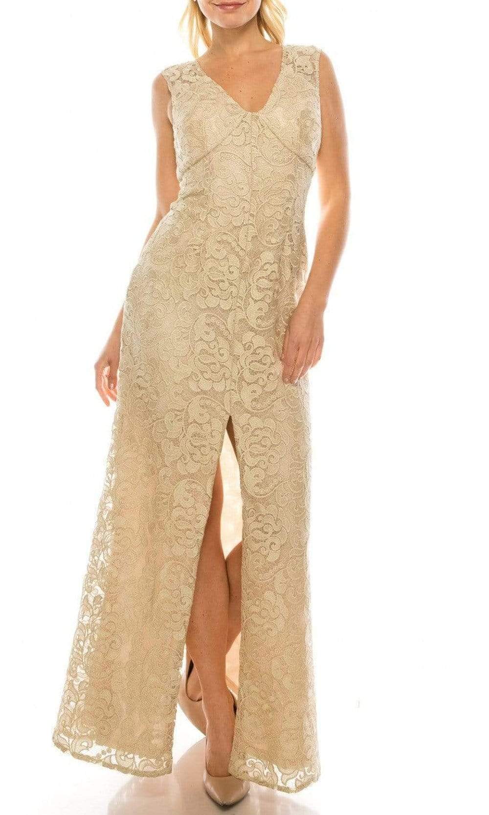 Aidan Mattox - MD1E200858 V Neck Lace Mid Slit Dress
