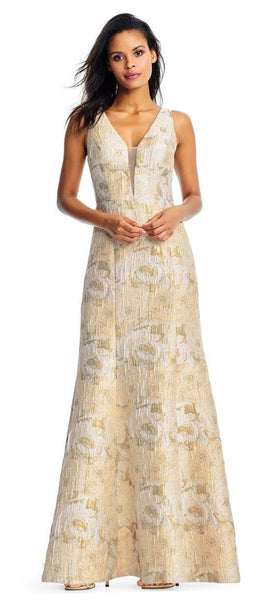 Tall V-neck Fit-and-Flare Mermaid Floral Print Metallic Sleeveless Natural Waistline Plunging Neck Fitted Sheer V Back Jacquard Floor Length Evening Dress