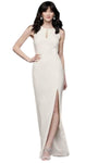 Sleeveless Natural Waistline Slit Keyhole Sheath Jeweled Neck Sheath Dress