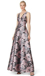 A-line V-neck Pleated Open-Back Back Zipper Jacquard Floor Length Sleeveless Natural Waistline Floral Print Evening Dress