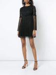 A-line Cocktail Short Lace Floral Print Jeweled Neck Long Sleeves Embroidered Back Zipper Sheer Pleated Mesh Empire Waistline Dress