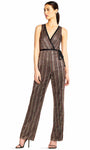 Tall V-neck Striped Print Plunging Neck Metallic Natural Waistline Sleeveless Piping Jumpsuit