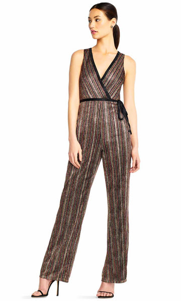 Tall V-neck Plunging Neck Natural Waistline Striped Print Sleeveless Piping Metallic Jumpsuit