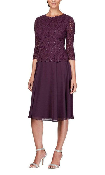 Sophisticated A-line 3/4 Sleeves Back Zipper Gathered Sheer Sequined Scalloped Trim Jeweled Neck Natural Princess Seams Waistline Tea Length Midi Dress