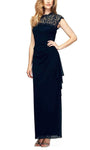 Tall Cutout Hidden Back Zipper Draped Illusion Mesh Cap Sleeves Jeweled Neck Natural Waistline Sheath Sheath Dress/Evening Dress