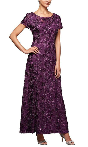 Sophisticated A-line Natural Waistline Scoop Neck Short Sleeves Sleeves Floral Print Back Zipper Semi Sheer Fitted Sequined Evening Dress/Mother-of-the-Bride Dress