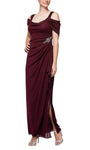 Floor Length Draped Pleated Hidden Back Zipper Mesh Jeweled Slit Grecian Ruched Gathered Sheath Cold Shoulder Sleeves Square Neck Polyester Empire Waistline Sheath Dress