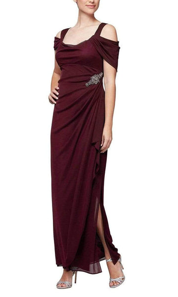 Cold Shoulder Sleeves Square Neck Floor Length Grecian Hidden Back Zipper Slit Jeweled Mesh Ruched Gathered Draped Pleated Sheath Empire Waistline Polyester Sheath Dress
