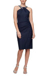 Sophisticated Halter Sheath Natural Waistline Keyhole Fitted Back Zipper Asymmetric Beaded Pleated Cocktail Above the Knee Sleeveless Sheath Dress