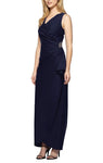 V-neck Floor Length Natural Waistline Back Zipper Jeweled Fitted Pleated Ruched Beaded Sleeveless Sheath Sheath Dress