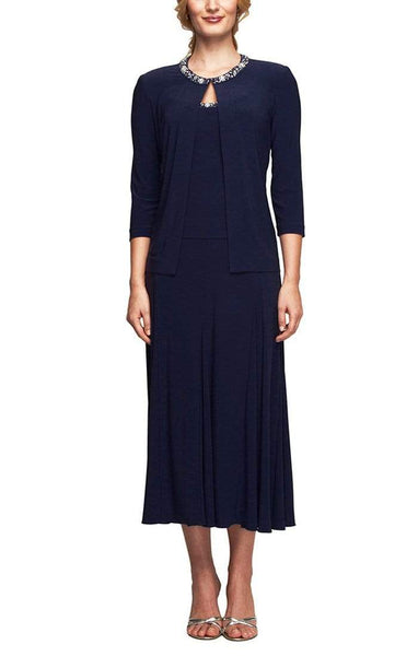 A-line Jersey Sleeveless Natural Waistline Tea Length Scoop Neck Open-Back Beaded Back Zipper Dress