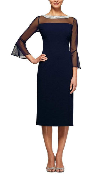 Sophisticated Natural Princess Seams Waistline Jeweled Neck Bell Sleeves Beaded Crystal Mesh Illusion Sheer Hidden Back Zipper Cocktail Above the Knee Sheath Crepe Sheath Dress With Rhinestones