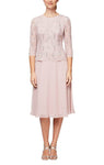 Petite A-line Natural Waistline 3/4 Sleeves Jeweled Neck Sheer Fitted Flowy Jeweled Stretchy Above the Knee Dress