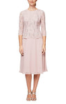 Petite A-line Natural Waistline 3/4 Sleeves Above the Knee Sheer Flowy Jeweled Stretchy Fitted Jeweled Neck Dress