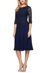 Petite A-line Stretchy Flowy Sheer Fitted Jeweled Jeweled Neck Above the Knee 3/4 Sleeves Natural Waistline Dress