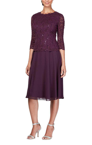 Petite A-line Natural Waistline Jeweled Neck 3/4 Sleeves Flowy Jeweled Fitted Stretchy Sheer Above the Knee Dress