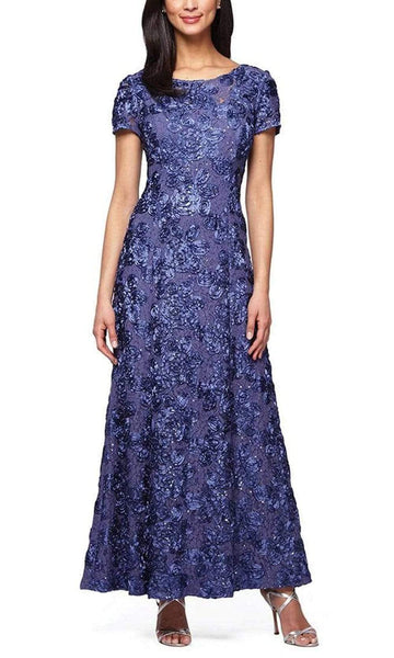 Petite Sophisticated A-line Natural Waistline Scoop Neck Short Sleeves Sleeves Fitted Back Zipper Semi Sheer Sequined Floral Print Evening Dress