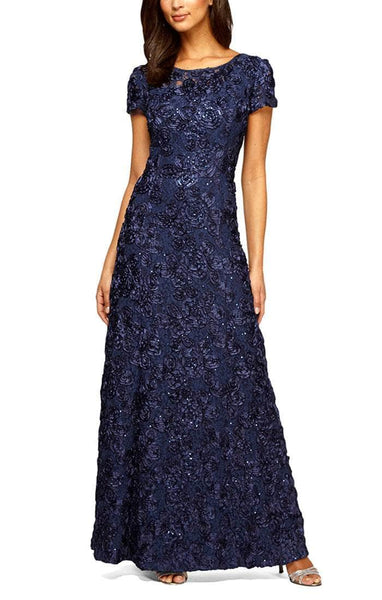 Petite Sophisticated A-line Scoop Neck Semi Sheer Back Zipper Fitted Sequined Short Sleeves Sleeves Natural Waistline Floral Print Evening Dress