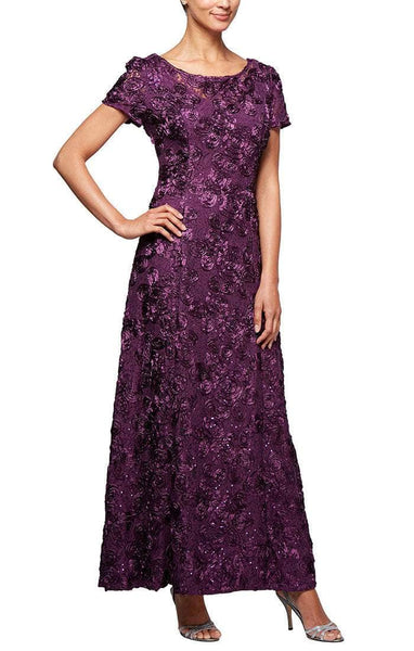 Petite Sophisticated A-line Short Sleeves Sleeves Scoop Neck Floral Print Semi Sheer Fitted Sequined Back Zipper Natural Waistline Evening Dress