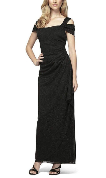 Petite Slit Back Zipper Mesh Pleated Ruched Draped Glittering Cold Shoulder Sleeves Empire Waistline Sheath Square Neck Sheath Dress/Evening Dress