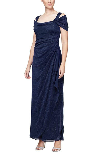 Petite Draped Slit Pleated Glittering Back Zipper Ruched Mesh Cold Shoulder Sleeves Sheath Square Neck Empire Waistline Sheath Dress/Evening Dress