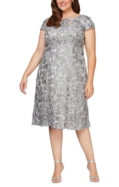 Plus Size A-line Bateau Neck Above the Knee Natural Waistline Lace Cap Sleeves Fitted Sequined Back Zipper Dress