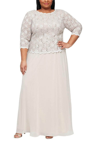 Plus Size A-line 3/4 Sleeves Bateau Neck Jeweled Neck Natural Princess Seams Waistline Scalloped Trim Back Zipper Sequined Dress