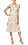 A-line Floral Print Cap Sleeves Natural Waistline Lace Jeweled Neck Goddess Illusion Sequined Jeweled Tea Length Dress