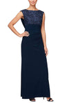 Sophisticated A-line Sleeveless Bateau Neck Cowl Neck Beaded Embroidered Lace Empire Waistline Dress by Alex Evenings