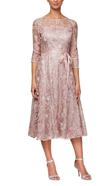 A-line Jeweled Neck Natural Tie Waist Waistline Pleated Illusion Back Zipper Jeweled Belted Embroidered Floral Print Tea Length Dress With a Ribbon