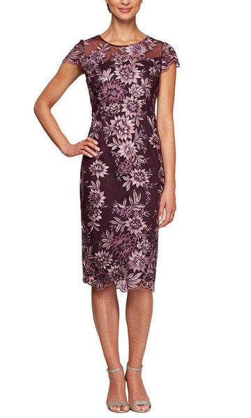 Sophisticated Illusion Hidden Back Zipper Embroidered Goddess Jeweled Neck Above the Knee Cap Short Sleeves Sleeves Lace Trim Elasticized Natural Waistline Sheath Floral Print Sheath Dress/Evening Dre