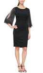 Tall Jeweled Neck Sheath Sheer Gathered Ruched Jeweled Draped Back Zipper Natural Waistline Cocktail Above the Knee Bell Sleeves Sheath Dress With Rhinestones