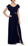 A-line Natural Waistline Floor Length Pleated Back Zipper Slit Jeweled Jersey Cowl Neck Plunging Neck Evening Dress