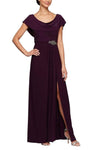 A-line Floor Length Natural Waistline Jersey Cowl Neck Plunging Neck Slit Jeweled Pleated Back Zipper Evening Dress