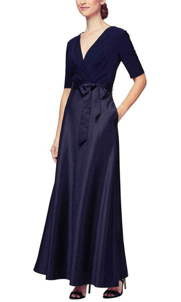 Sophisticated Modest A-line V-neck Floor Length Satin Natural Waistline Pocketed Gathered Pleated Back Zipper Mother-of-the-Bride Dress/Party Dress With a Bow(s)