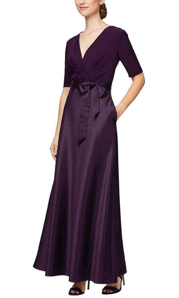 Sophisticated Modest A-line V-neck Pleated Gathered Pocketed Back Zipper Natural Waistline Satin Floor Length Mother-of-the-Bride Dress/Party Dress With a Bow(s)