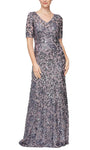 A-line V-neck Sequined Floor Length Short Evening Dress by Alex Evenings