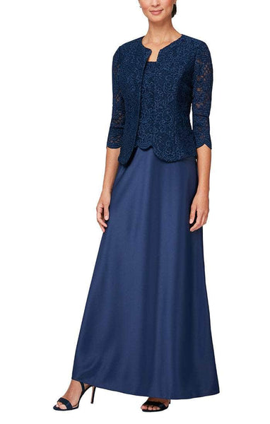 Sophisticated A-line 3/4 Sleeves Illusion Hidden Back Zipper Embroidered Glittering Scalloped Trim Sheath Natural Waistline Floor Length Sheath Dress/Mother-of-the-Bride Dress