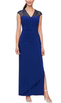 A-line V-neck Floor Length Sheath Back Zipper Embroidered Illusion Slit Jersey Cap Sleeves Empire Waistline Sheath Dress