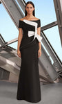 Short Sleeves Sleeves Off the Shoulder Natural Waistline Pleated Peplum Fitted Mermaid Floor Length Dress With a Bow(s)