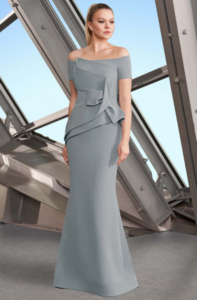 Natural Waistline Short Sleeves Sleeves Off the Shoulder Floor Length Mermaid Pleated Peplum Fitted Dress With a Bow(s)