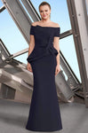 Peplum Fitted Pleated Floor Length Short Sleeves Sleeves Off the Shoulder Mermaid Natural Waistline Dress With a Bow(s)