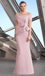 Floor Length Fitted Pleated Peplum Short Sleeves Sleeves Off the Shoulder Mermaid Natural Waistline Dress With a Bow(s)