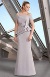 Floor Length Peplum Fitted Pleated Short Sleeves Sleeves Off the Shoulder Mermaid Natural Waistline Dress With a Bow(s)