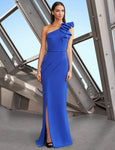 Sophisticated Natural Waistline Floor Length One Shoulder Sleeveless Sheath Asymmetric Pleated Fitted Slit Belted Sheath Dress With Ruffles