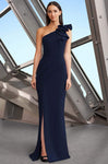 Sophisticated One Shoulder Sleeveless Natural Waistline Sheath Asymmetric Fitted Belted Slit Pleated Floor Length Sheath Dress With Ruffles