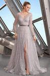 A-line V-neck Natural Waistline V Back Beaded Back Zipper Fitted Belted Pleated Glittering Long Sleeves Evening Dress with a Brush/Sweep Train