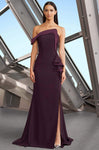 Strapless Sheath Floor Length Off the Shoulder Hidden Back Zipper Asymmetric Draped Slit Fitted Natural Waistline Sheath Dress/Evening Dress with a Brush/Sweep Train With Ruffles