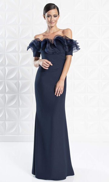 Sophisticated Floor Length Off the Shoulder Natural Waistline Fitted Gathered Back Zipper Sheath Sheath Dress With Ruffles