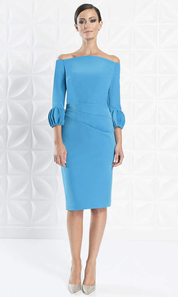 Sophisticated Sheath Off the Shoulder Above the Knee Natural Waistline Pleated Button Closure Fitted Sheath Dress